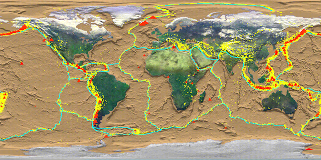 Χάρτης της Γης όπου απεικονίζονται τα όρια των τεκτονικών πλακών (γαλάζιες γραμμές), η κατανομή των πρόσφατων σεισμών (κίτρινα σημεία) και των ενεργών ηφαιστείων (κόκκινα σημεία).