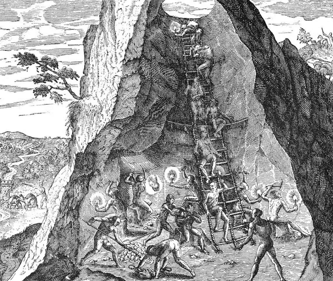 Ορυχείο αργύρου στο Potosi της Νέας Ισπανίας - πλέον Βολιβία - που απεικονίζεται από τον Theodor de Bry γύρω στο 1590