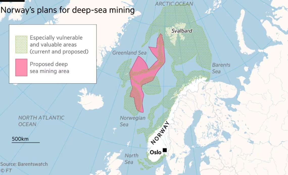 Ένας χάρτης που δείχνει τη θέση της προτεινόμενης περιοχής εξόρυξης βαθέων υδάτων από τη Νορβηγία